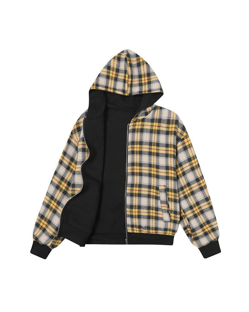 Plaid Reversible Zip Hoodie - Black Yellow , - Streetwear Hoodie - Slick Street