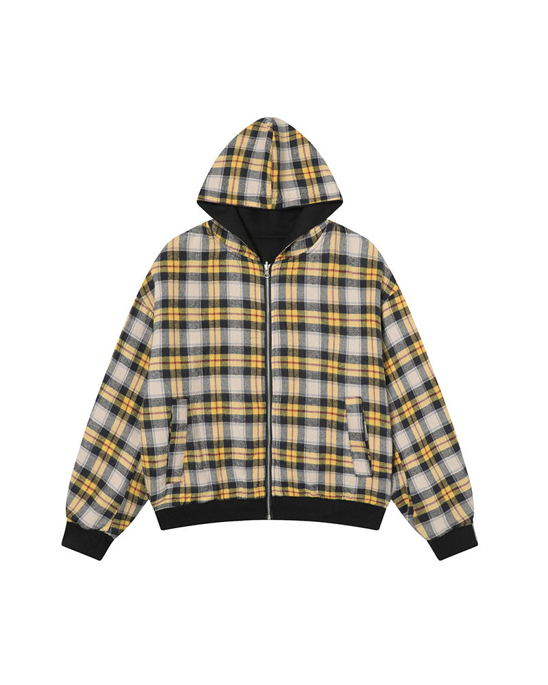 Plaid Reversible Zip Hoodie - Black Yellow , - Streetwear Hoodie - Slick Street