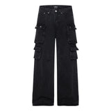 Washed Black Vintage Straight Leg Cargo Jeans , - Streetwear - Slick Street