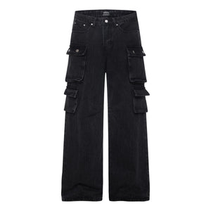 Washed Black Vintage Straight Leg Cargo Jeans , - Streetwear - Slick Street