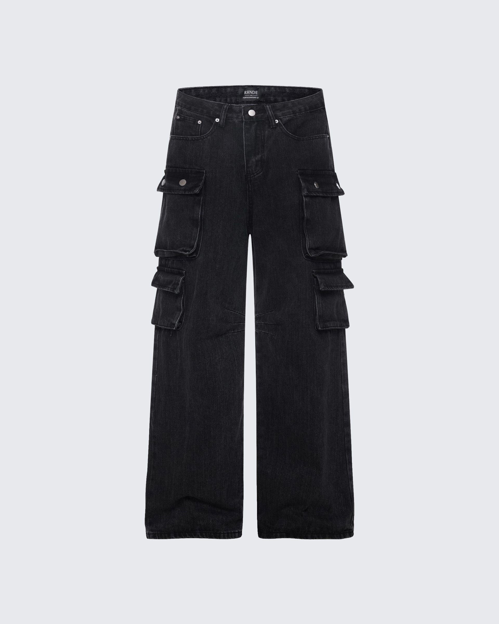 Washed Black Vintage Straight Leg Cargo Jeans