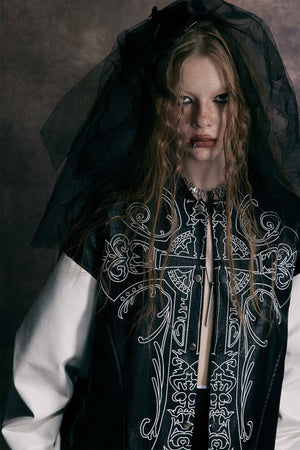 Cross Embroidery Leather Varsity Jacket , - Streetwear - Slick Street