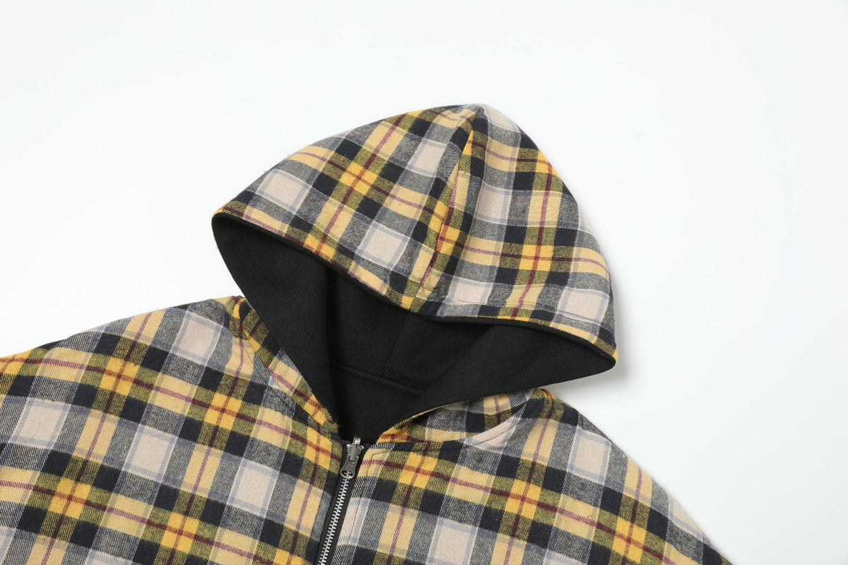 Plaid Reversible Zip Hoodie - Black Yellow , - Streetwear Hoodie - Slick Street