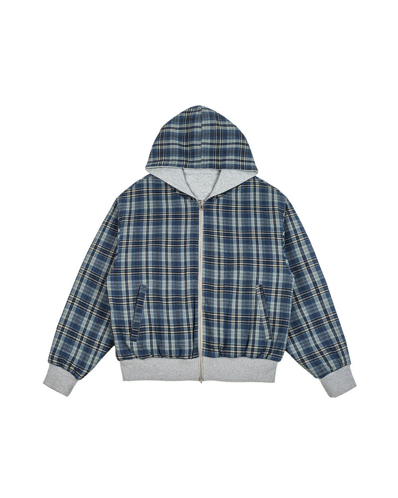 Plaid Reversible Zip Hoodie - Grey Blue , - Streetwear Hoodie - Slick Street