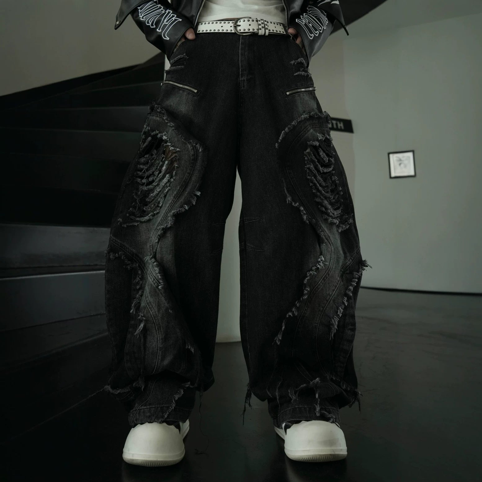 Distressed Biker Wide Leg Jeans , - Streetwear Jeans - Slick Street