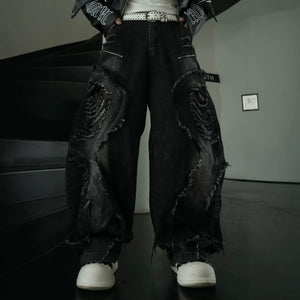 Distressed Biker Wide Leg Jeans , - Streetwear Jeans - Slick Street