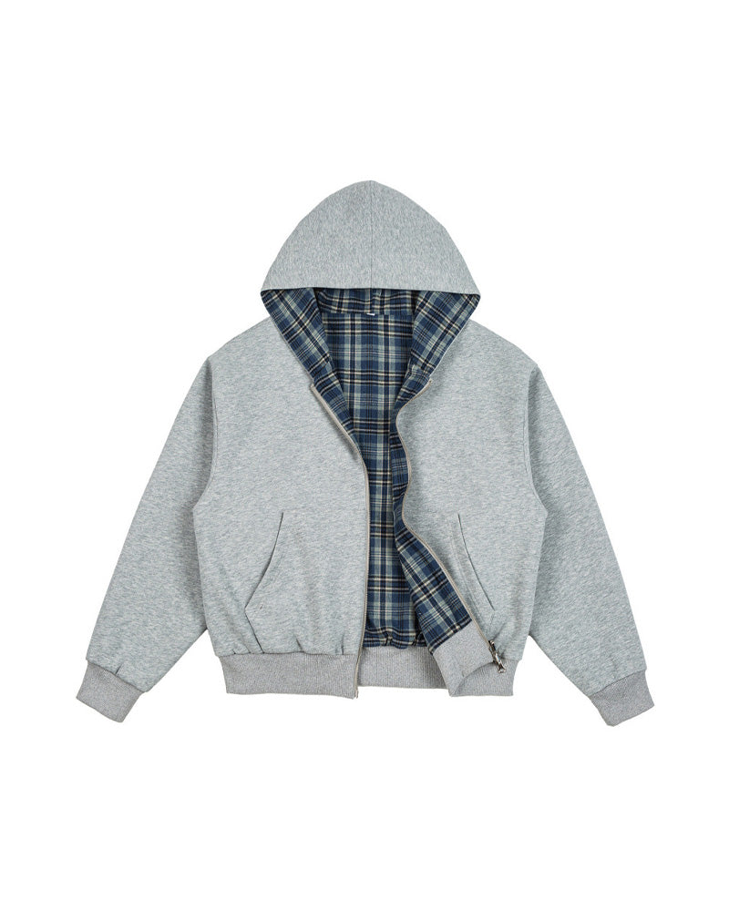 Plaid Reversible Zip Hoodie - Grey Blue Grey Blue, XS - Streetwear Hoodie - Slick Street