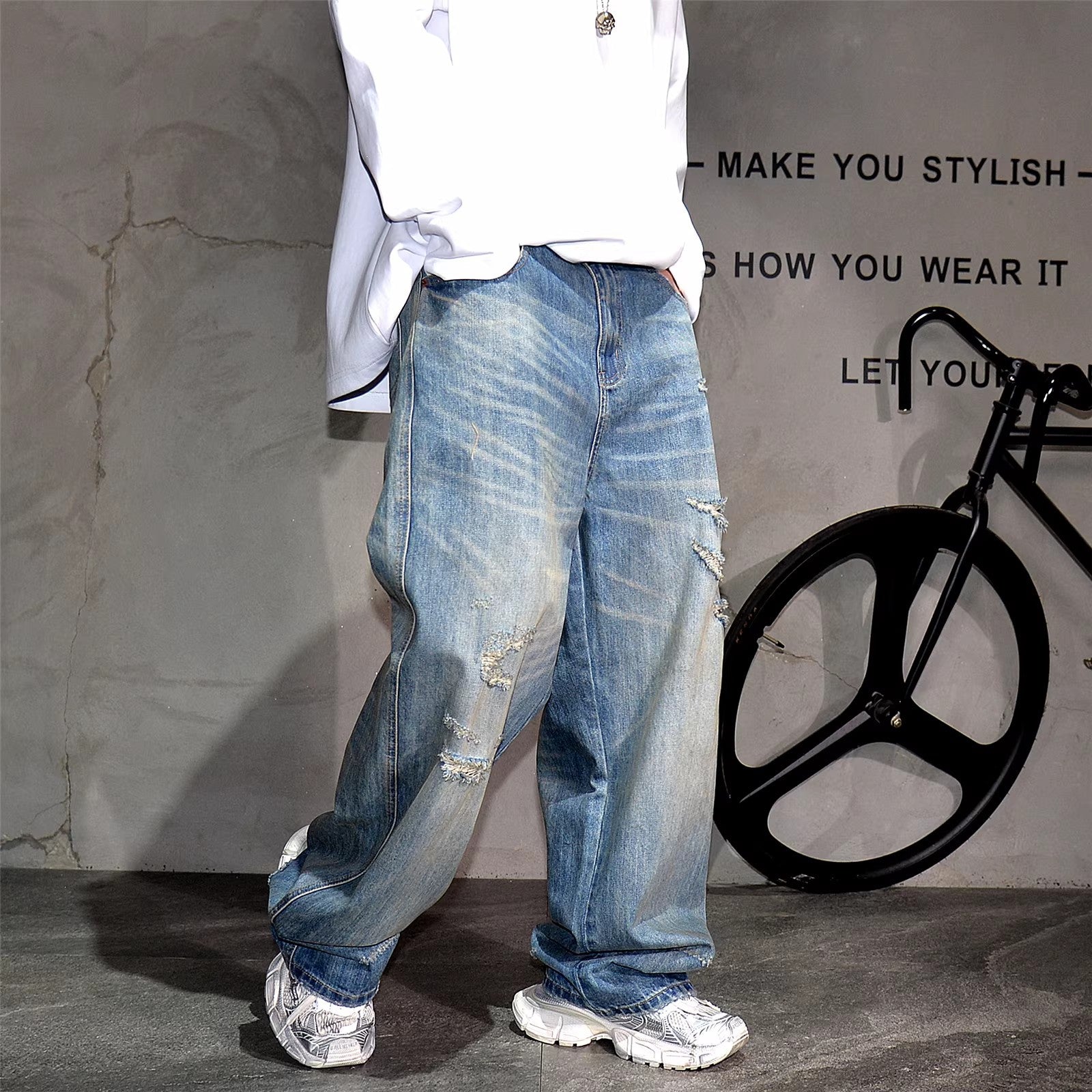 Drift Distressed Jeans - Vintage Blue , - Streetwear Jeans - Slick Street