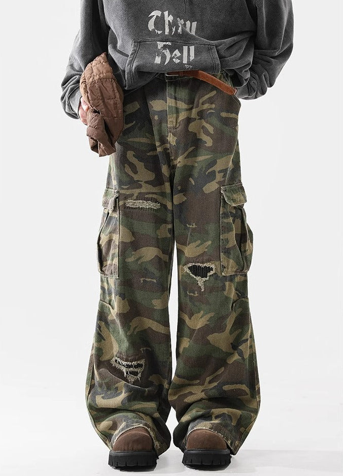 Camo Distressed Cargos Camouflage, XS - Streetwear Cargo Pants - Slick Street