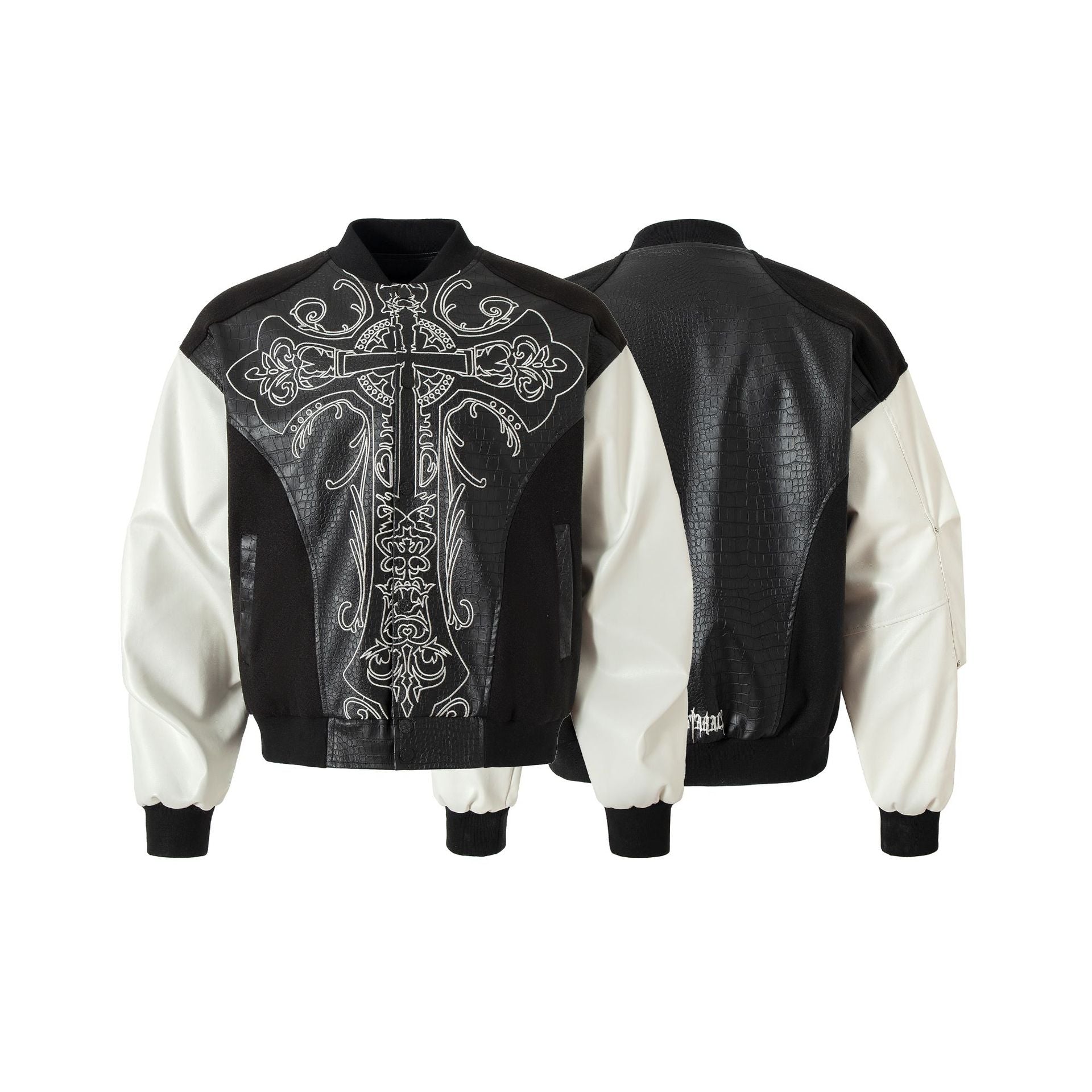 Cross Embroidery Leather Varsity Jacket , - Streetwear - Slick Street