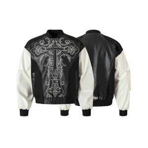 Cross Embroidery Leather Varsity Jacket , - Streetwear - Slick Street