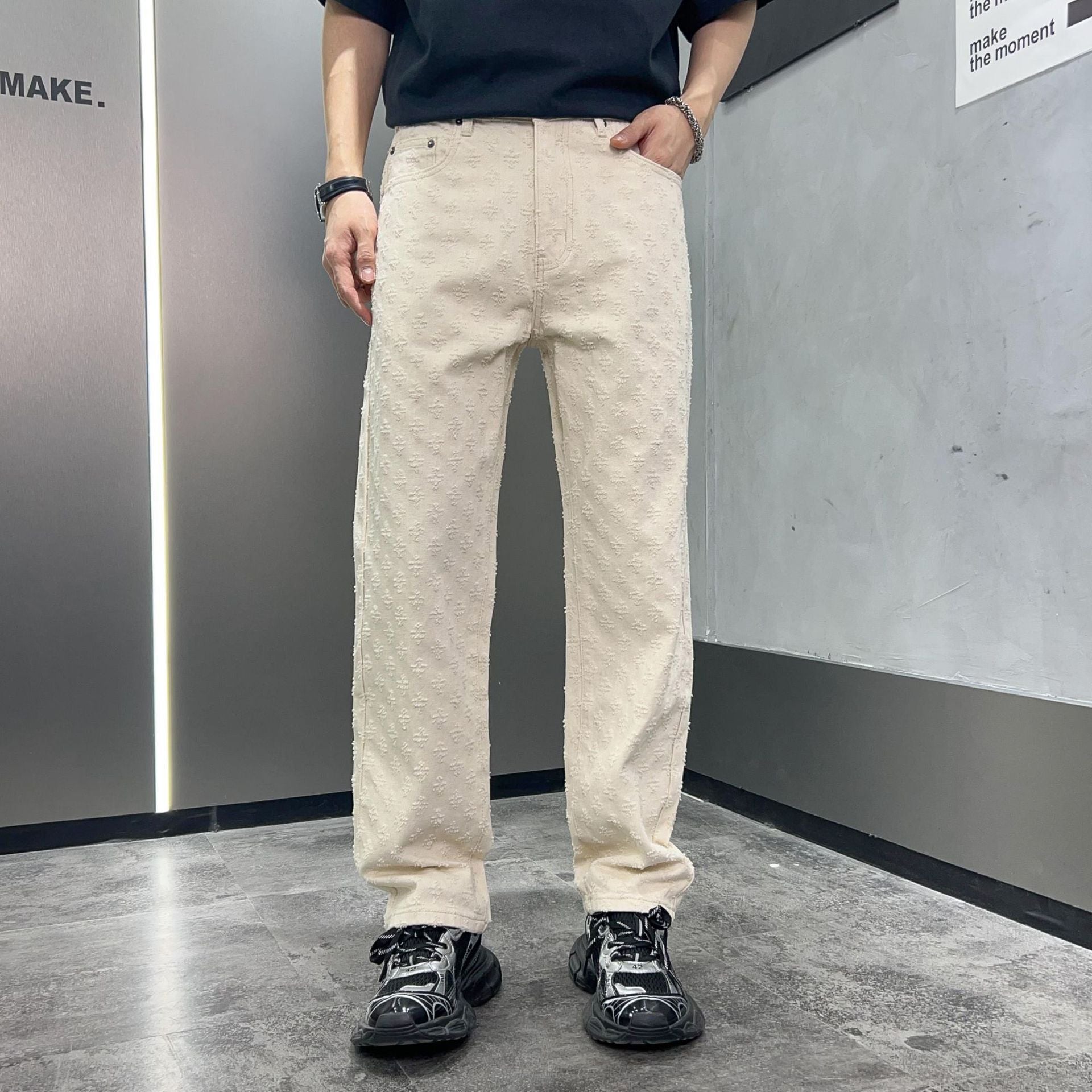 Frostflower Textured Jeans Cream, 28 - Streetwear Jeans - Slick Street