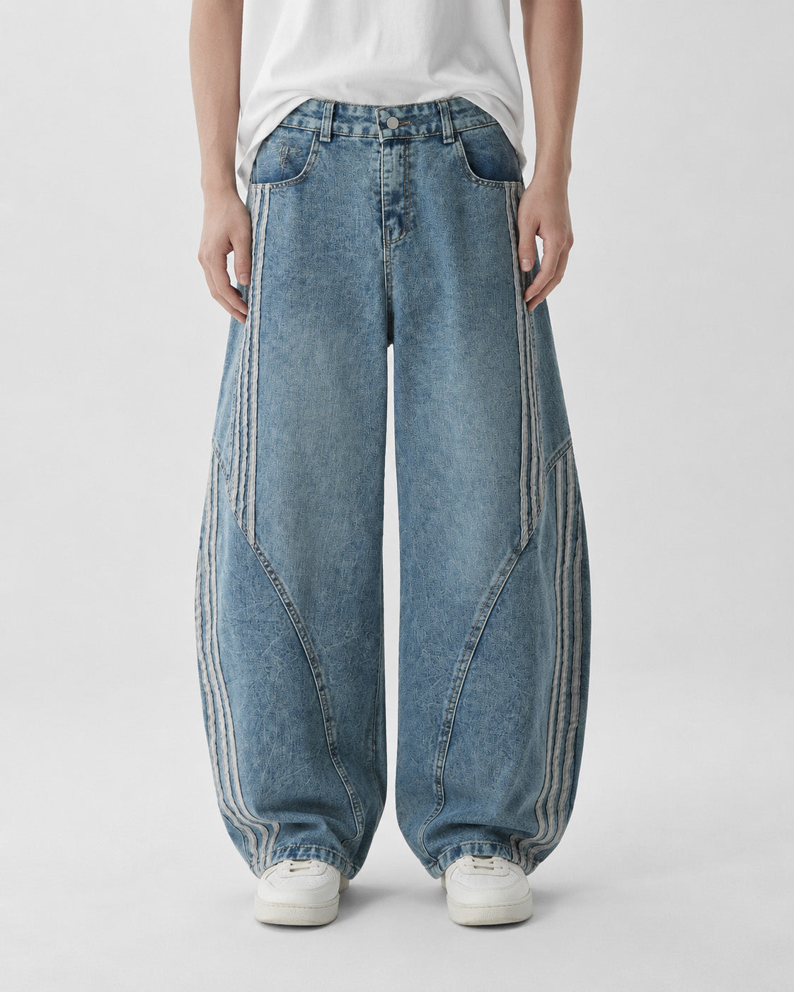 Panel Stripe Baggy Jeans Blue, 28 - Streetwear Jeans - Slick Street