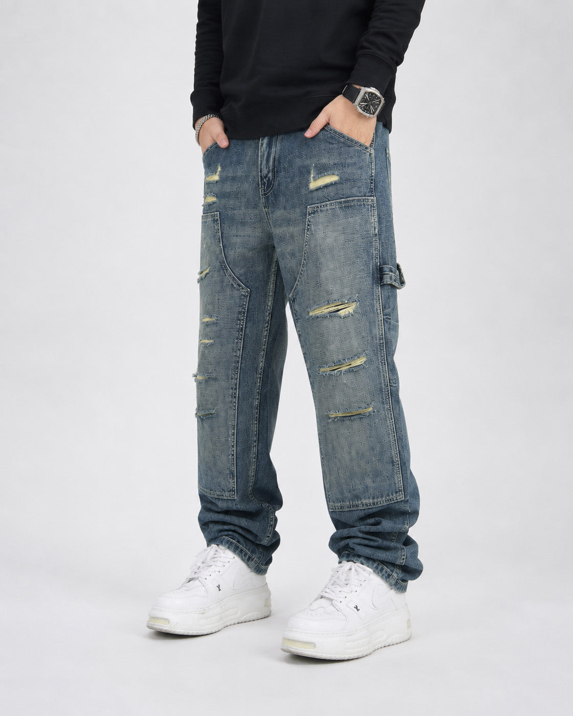 Ripped Denim Carpenter Jeans Blue, 28 - Streetwear Jeans - Slick Street