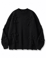 Ripped Y2K Two Shaded Cross Fringed Sweater Black, XS - Streetwear Sweater - Slick Street