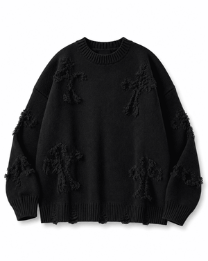 Ripped Y2K Two Shaded Cross Fringed Sweater , - Streetwear Sweater - Slick Street