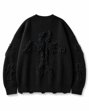 Ripped Y2K Two Shaded Cross Fringed Sweater , - Streetwear Sweater - Slick Street