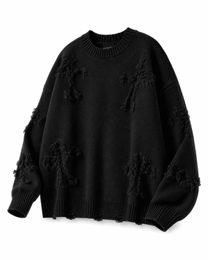 Ripped Y2K Two Shaded Cross Fringed Sweater , - Streetwear Sweater - Slick Street