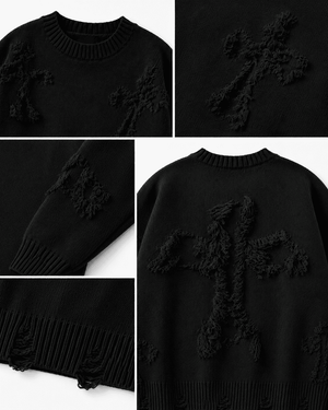 Ripped Y2K Two Shaded Cross Fringed Sweater , - Streetwear Sweater - Slick Street