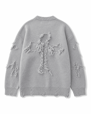 Ripped Y2K Two Shaded Cross Fringed Sweater , - Streetwear Sweater - Slick Street