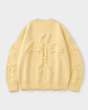 Ripped Y2K Two Shaded Cross Fringed Sweater , - Streetwear Sweater - Slick Street