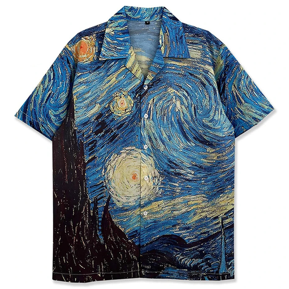 Vintage The Starry Night Graphic Shirt Blue, M - Streetwear Shirt - Slick Street
