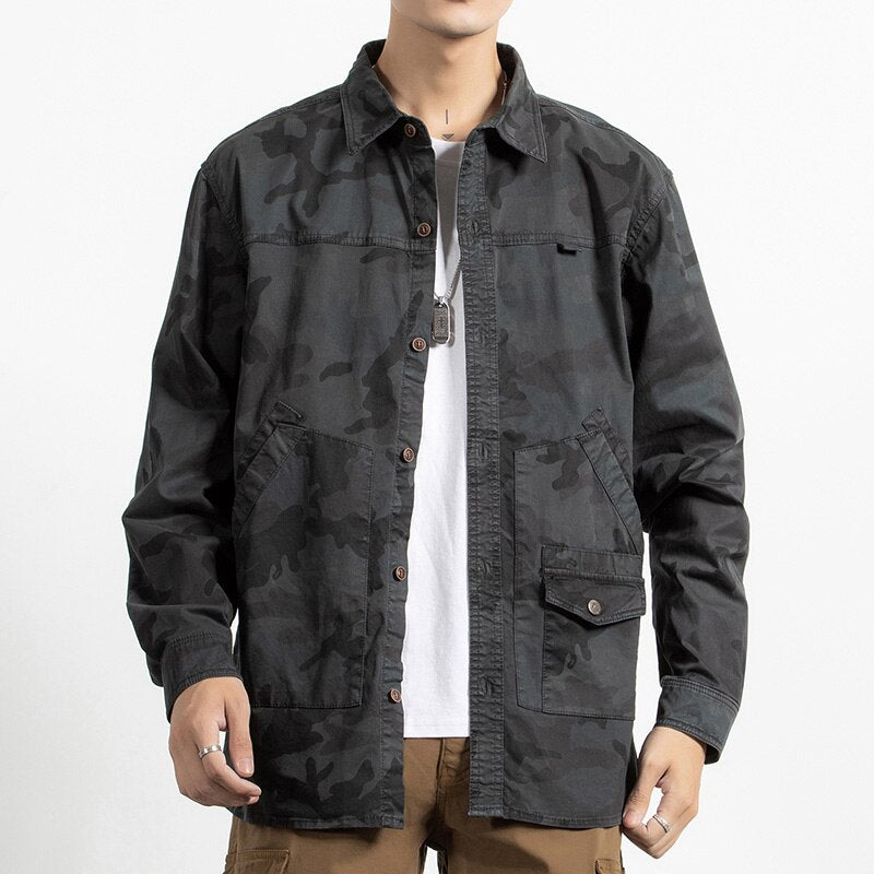 Classic Safari Camo Style Patch Pocket Jacket Dark Grey, M - Streetwear Jacket - Slick Street