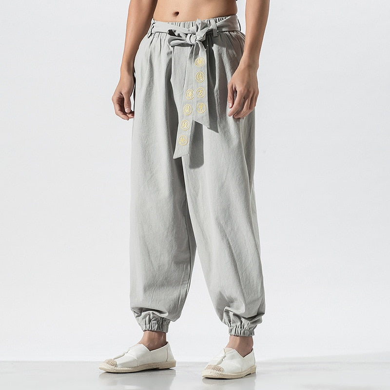 Japanese Embroidered Ribbon Tie Style Pants XS, Light gray - Streetwear Pants - Slick Street