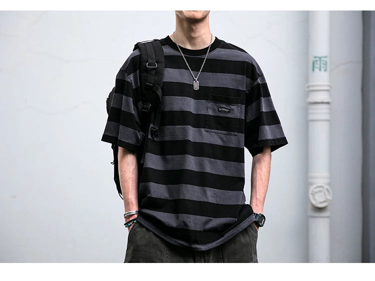 Saturday Striped Cotton T-Shirt , - Streetwear T-Shirts - Slick Street