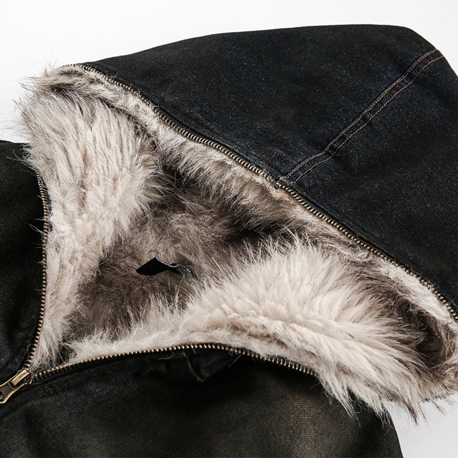 Coal Black Washed Fur Hooded Jacket , - Streetwear Jacket - Slick Street