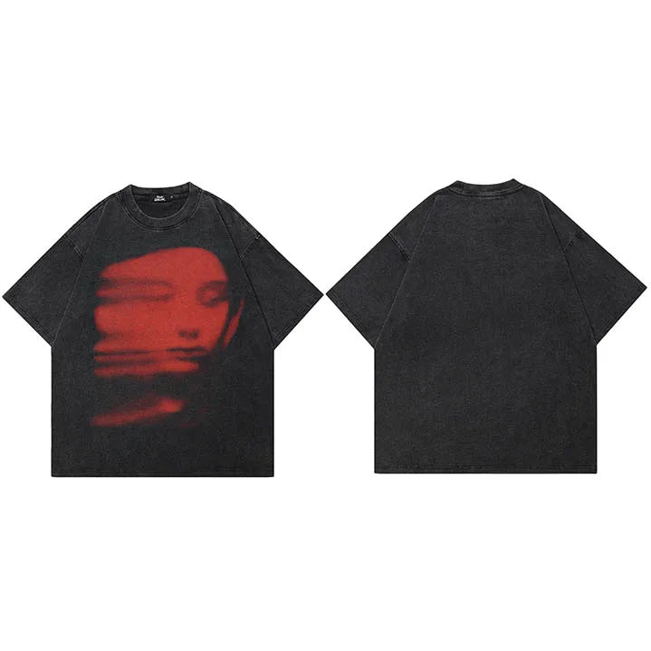 Blurry Red Face Graphic Loose T-Shirt Black, S - Streetwear T-Shirt - Slick Street