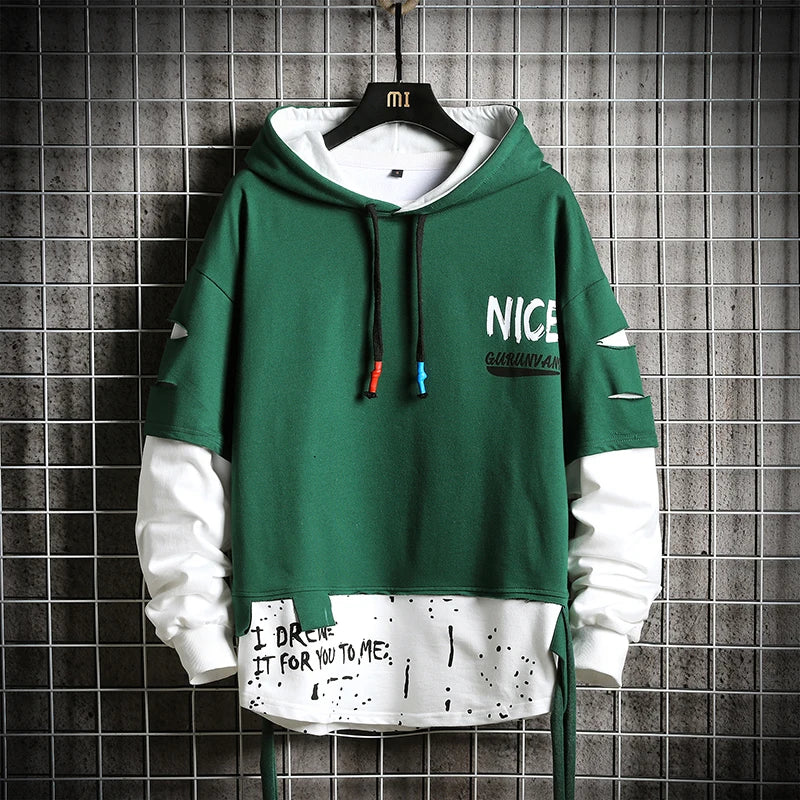 Two Tone Double Layer Style Ripped Hoodie ,  - Streetwear Hoodie - Slick Street