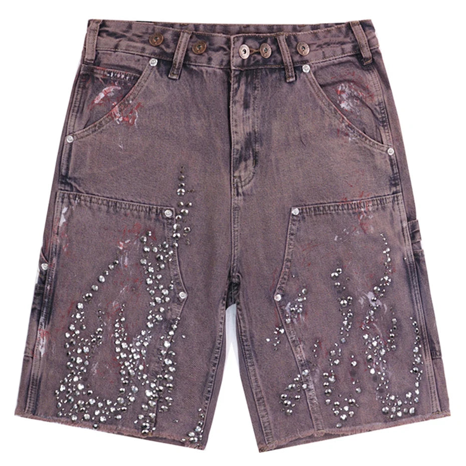 Fire Diamond Denim Rhinestone Shorts red, S - Streetwear Shorts - Slick Street