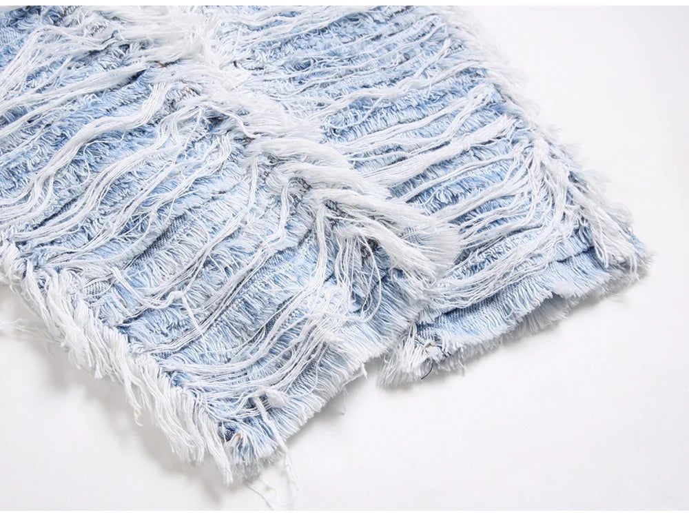 Light Blue Fringe Destroyed Pants , - Streetwear Pants - Slick Street