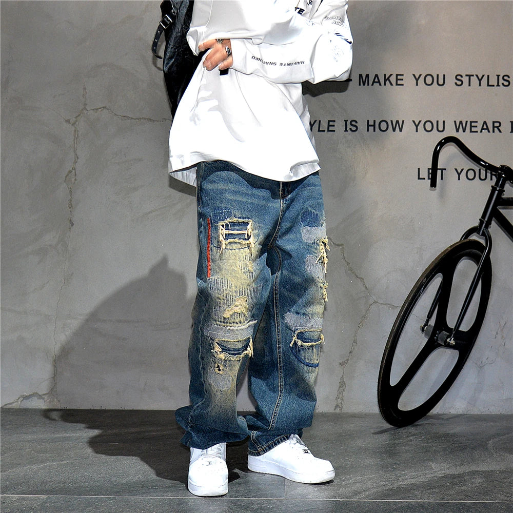 AM26 Ripped Patch Washed Jeans , - Streetwear Jeans - Slick Street