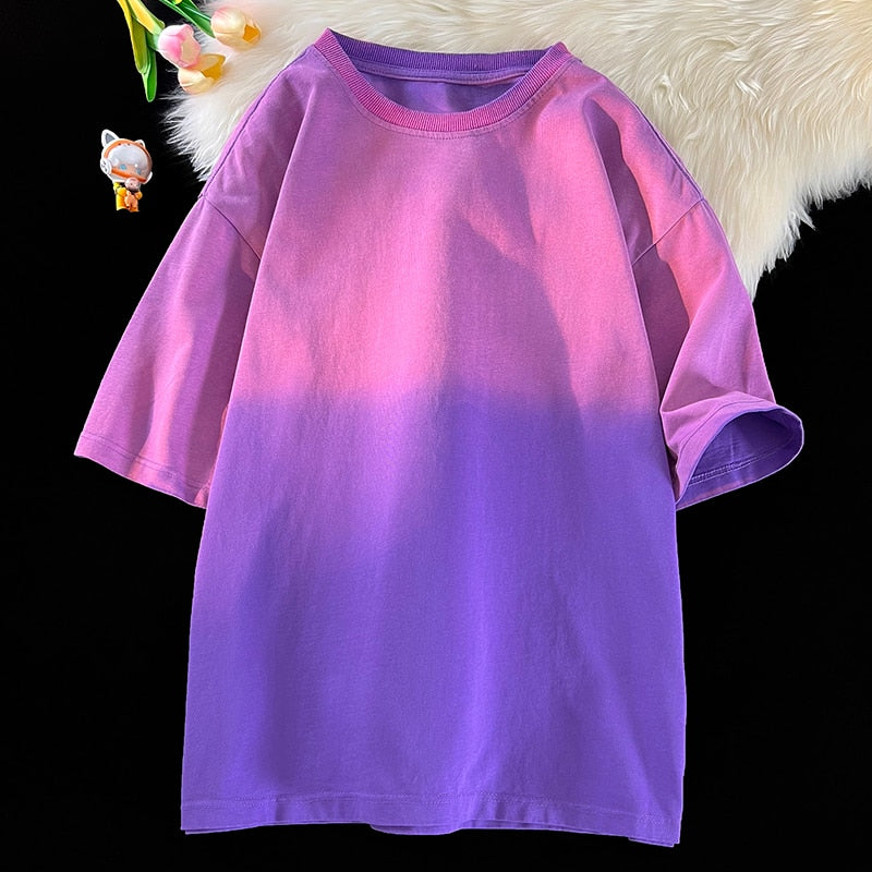 Gradient Washed Color Short Sleeves T-Shirt Purple, M - Streetwear T-Shirt - Slick Street