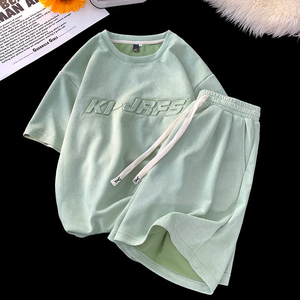 KI-JRFS Embossed Letter T-Shirt With Short Green, XS - Streetwear Tracksuits - Slick Street