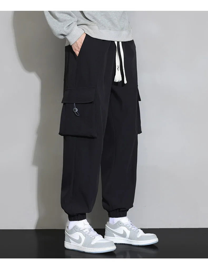 Plain Color Drawstring Knee Cargo Pocket Pants ,  - Streetwear Pants - Slick Street