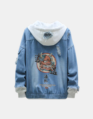 Devil Lion Cloud Denim Ripped Hooded Jacket ,  - Streetwear Jacket - Slick Street