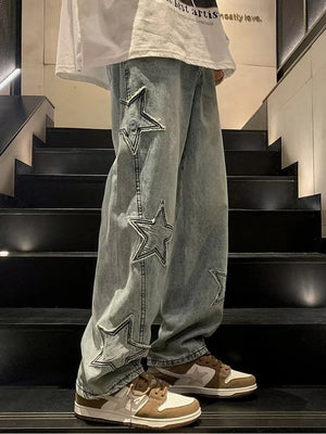 Pentagon Star Embroidery Loose Style Pants Blue, S - Streetwear Pants - Slick Street