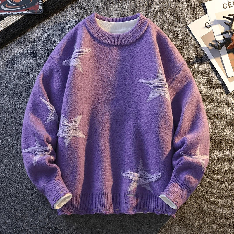 Pentagram Star Shaped Knitted Sweater Purple, XS - Streetwear Sweater - Slick Street