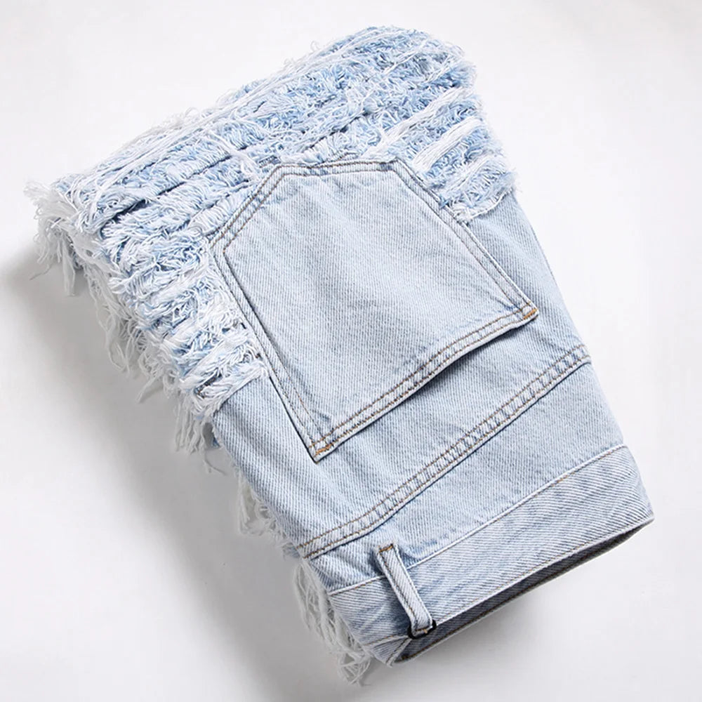 Light Blue Fringe Destroyed Pants , - Streetwear Pants - Slick Street