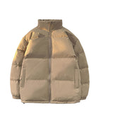 Puffer Mandarin Collar With Puff Sleeves Jacket Khaki, S - Streetwear Jacket - Slick Street