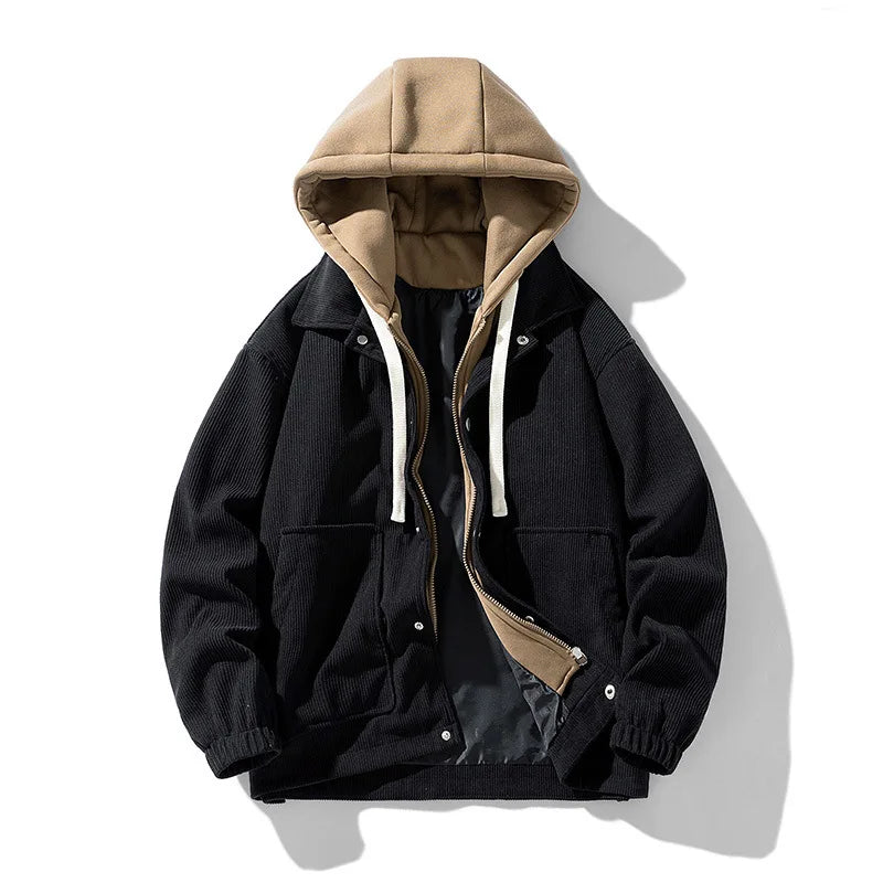 Corduroy Two Shade Elastic Waist And Sleeve Hoodie Black, XS - Streetwear Hoodie - Slick Street