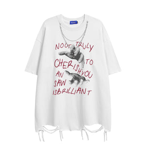 Hand Sketch Ripped Streetwear T-Shirt White, XS - Streetwear T-Shirts - Slick Street