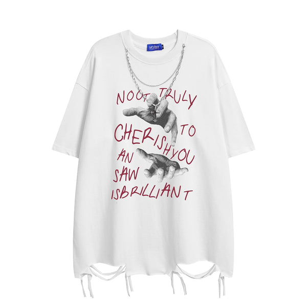 Hand Sketch Ripped Streetwear T-Shirts White, XS - Streetwear T-Shirt - Slick Street