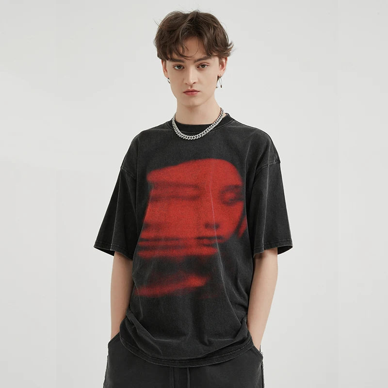 Blurry Red Face Graphic Loose T-Shirt ,  - Streetwear T-Shirt - Slick Street