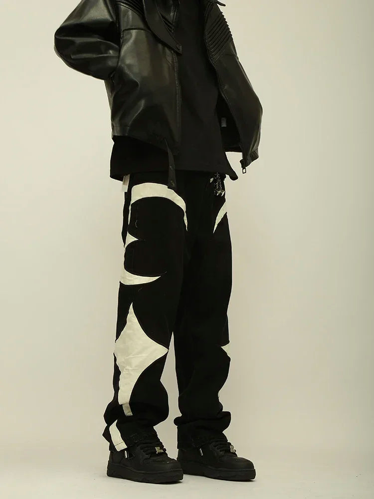 Crescent Embroidery Patchwork Baggy Pants ,  - Streetwear Pants - Slick Street