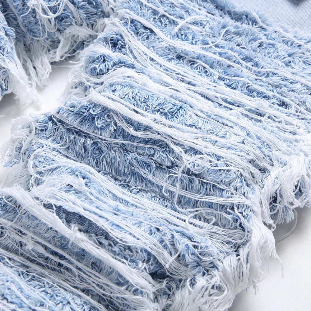Light Blue Fringe Destroyed Jeans , - Streetwear Jeans - Slick Street
