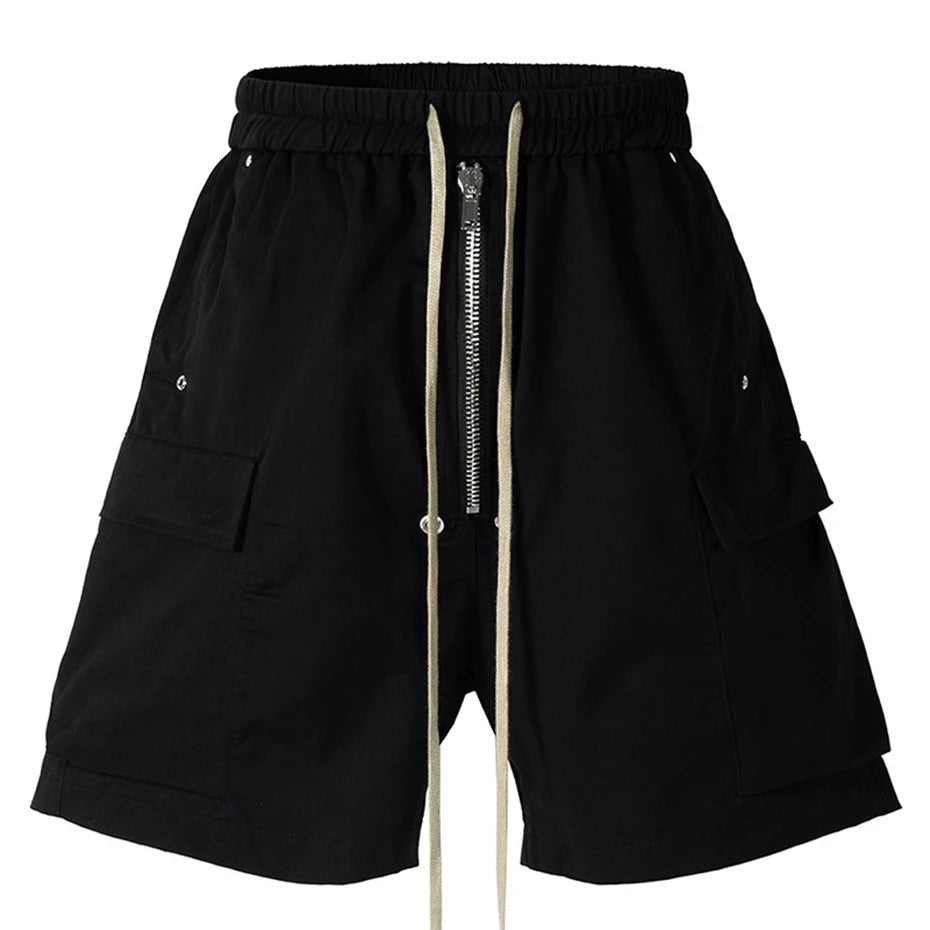 Z1 Long Drawstring Cargo Shorts Black, S - Streetwear Shorts - Slick Street